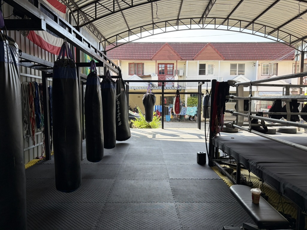 Heavy bags lined up at ringside inside the gym