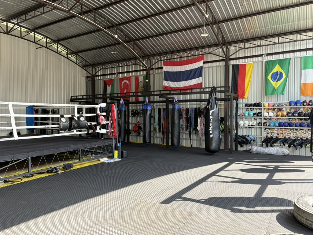 The ring with international flags hanging above it